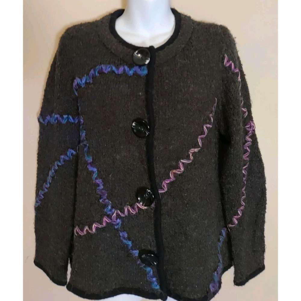 laura ashley Grey Black Trim Multicolor Stitch Wool Mohair Blend Sweater Size PM